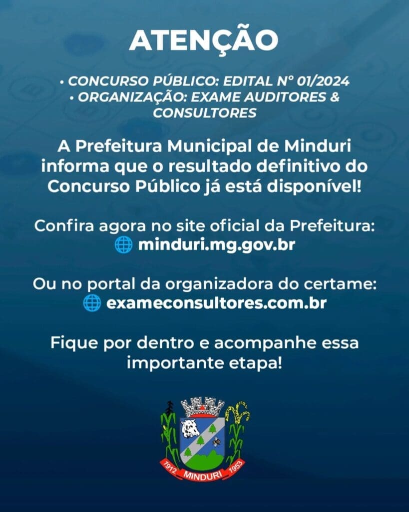Prefeitura de Minduri divulga resultado definitivo do Concurso Público