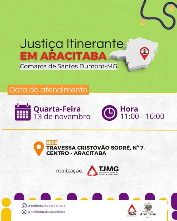 Justiça itinerante oferece atendimentos gratuitos em Aracitaba no próximo dia 16