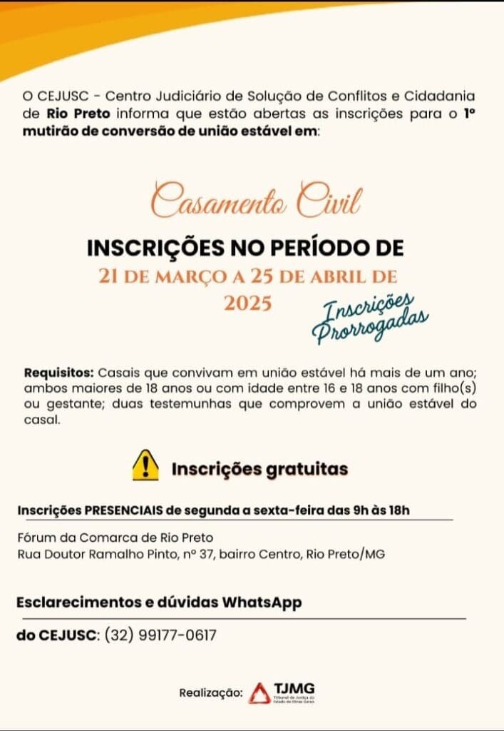 Prefeitura de Santa Rita de Jacutinga convoca população para 1º Mutirão de Conversão de União Estável em Casamento Civil