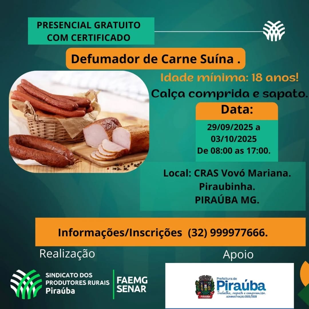 Sindicato Rural de Piraúba Oferece Curso Gratuito de Defumador de Carne Suína
