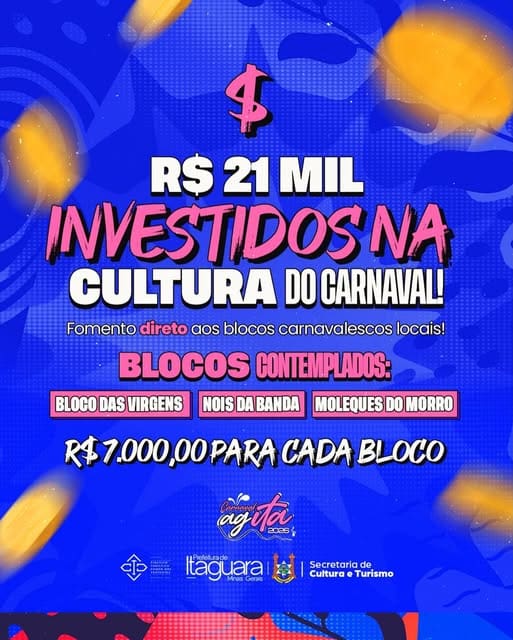 Itaguara investe R$ 21 mil em blocos carnavalescos e fortalece cultura popular