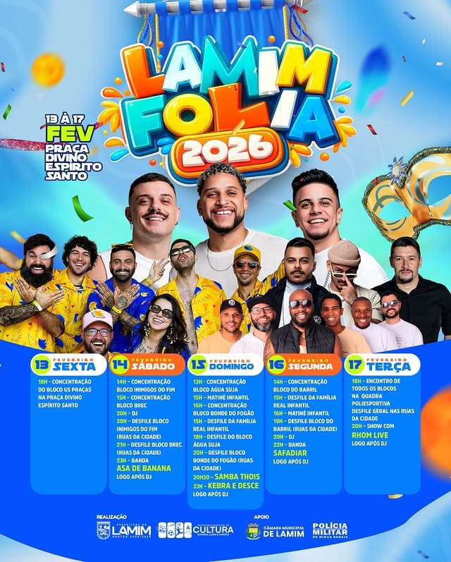 Lamim confirma programação do Lamim Folia 2026 com blocos, desfiles e atividades para toda a família